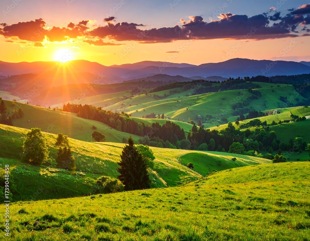 Obraz premium Lush green hills at sunset