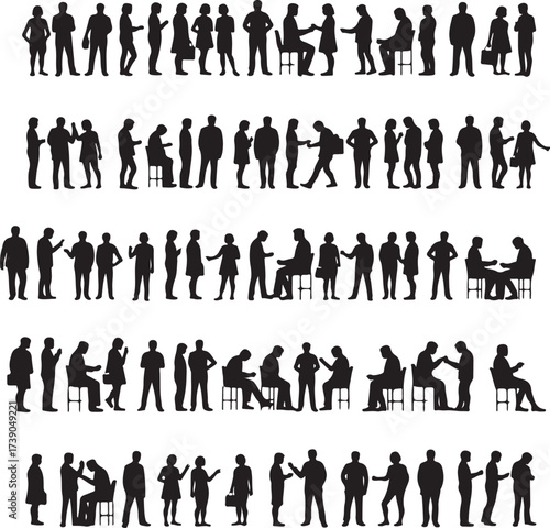 Silhouettes of people interacting and standing in rows