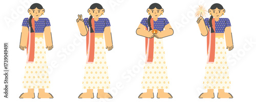 Happy Diwali Vector Illustration Pack. Indian Women Characters in Traditional Attire Celebrating Festival of Lights. Set of 4 Festive Poses for Marketing, Greeting Cards, and Web Design.