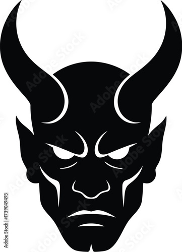 Dramatic depiction of a stylized demon face with imposing horns and menacing glare representing evil or darkness symbolic and powerful graphic design