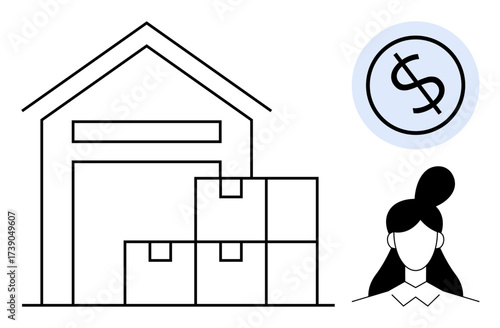 Warehouse with boxes, dollar sign for cost analysis, businessperson symbolizing commerce roles. Ideal for logistics, shipping, finance, supply chain, retail operations economic planning. Simple