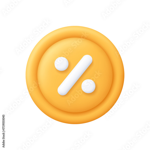 Gold coin with a white percentage symbol. Discount, interest rates, savings, promotion, financial percentage, digital finance, e-commerce and marketing concept. 3d vector icon. Cartoon minimal style.