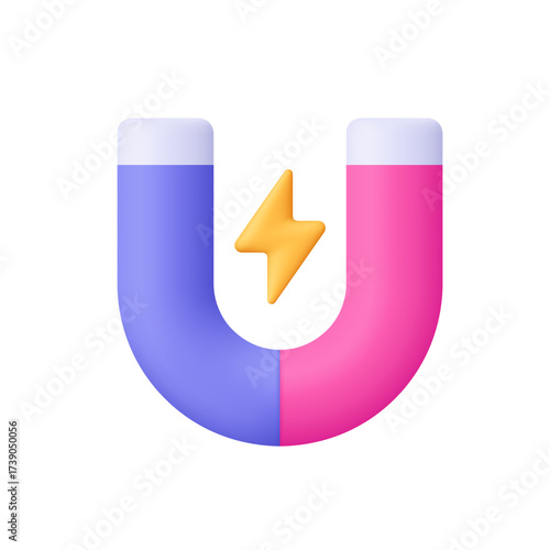 Magnet in blue and pink with yellow lightning bolt. Science, technology, business, attraction, power, energy, electricity and magnetic force concept. 3d vector icon. Cartoon minimal style.