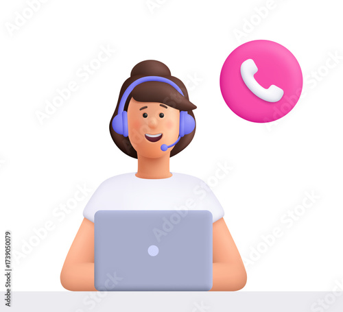 Office operator Jane wearing headset working on a laptop with phone call icon. Customer service, call center, customer support, helpline concept. 3d vector people character. Cartoon minimal style.
