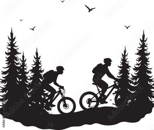 Two black silhouette cyclists riding mountain bikes through pine trees
