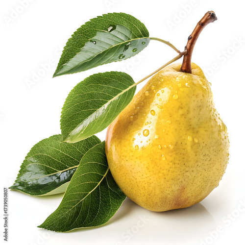 A juicy yellow pear with green leaves refreshing and sweet
