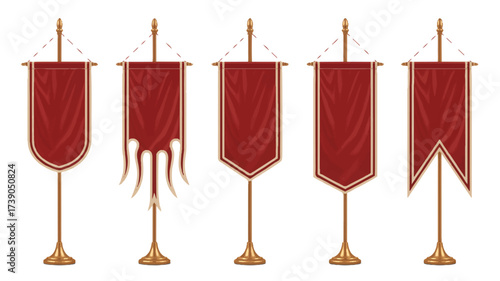 A set of five red vertical pennants with gold trim hanging from ornate golden poles on a white background. 