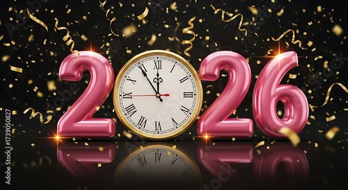 Pink 2026 numbers and gold clock with falling confetti new year celebration