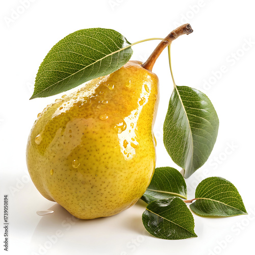 A juicy yellow pear with green leaves refreshing and sweet