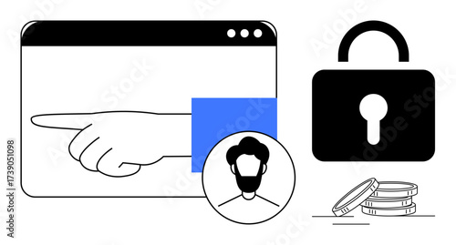 Hand pointing in a browser window, user avatar, coins, and padlock. Ideal for privacy, cybersecurity, online security, user authentication, data encryption payment security secure communication