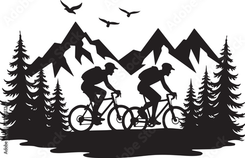 Two cyclists mountain biking with pine trees and birds