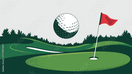A stylized golf course illustration with a large white golf ball in the background, featuring a halftone dot pattern texture.