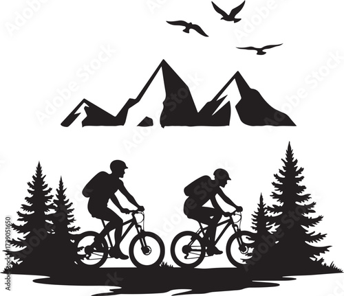 Two cyclists mountain biking with pine trees and mountains