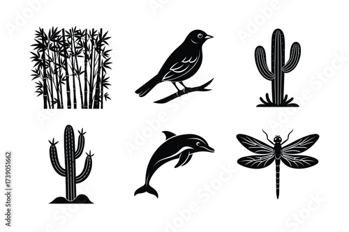 Minimalist Nature Animal Icons | Bamboo, Bird, Cactus, Dolphin & Dragonfly Symbols