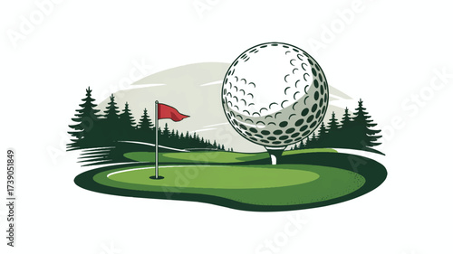 A stylized golf course illustration with a large white golf ball in the background, featuring a halftone dot pattern texture.