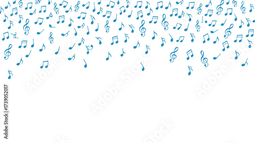 A white background with scattered blue musical notes falling from the top of the frame. 