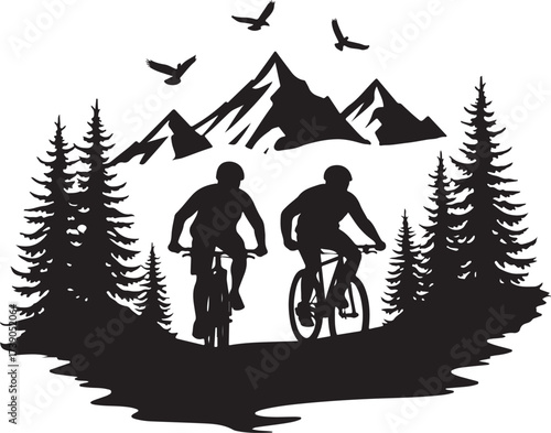 Two cyclists ride bicycles in a forest near mountains with birds