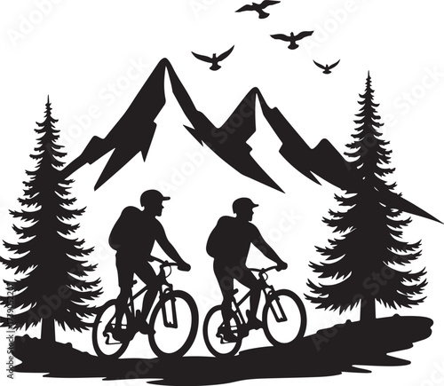 Two cyclists ride bicycles in front of jagged mountains and pine trees