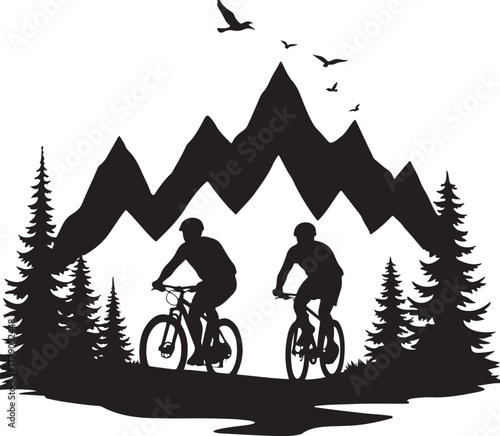 Two cyclists riding bicycles against jagged mountains and pine trees