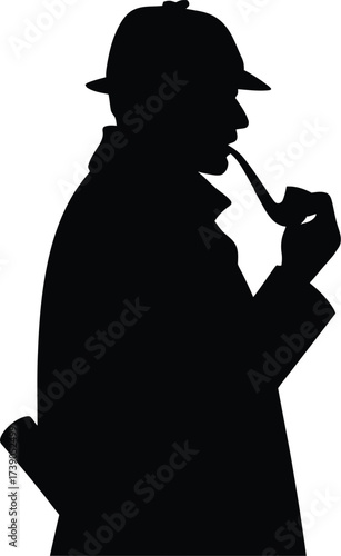 Silhouette of a Detective with Pipe and Hat in a Noir Style Illustration for Mystery and Investigation Concepts and Graphic Design Projects
