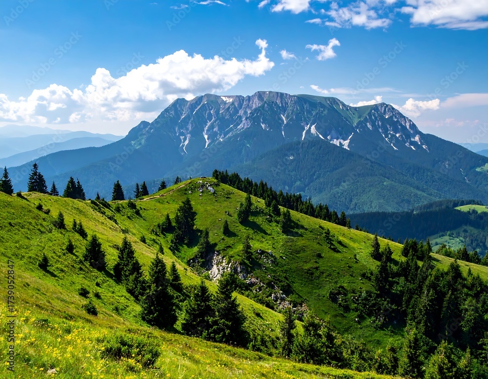 Fototapeta premium Lush mountain peaks under a vibrant sky