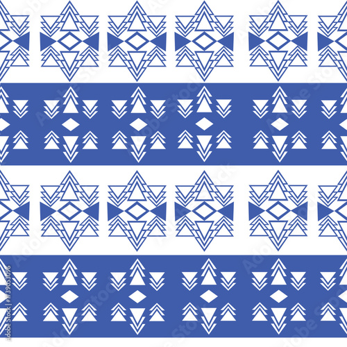 Seamless geometric tribal pattern in blue and white