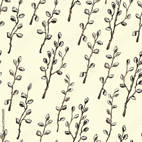 Spring seamless pattern with sprigs of willow. Easter hand drawn vector illustration, holiday background. Branch with pussy willow buds. Design for banner, poster, card, paper.