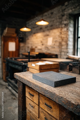 Vintage printmaking workshop with wooden tables and tools.