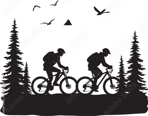 Two cyclists riding bicycles in a forest with birds flying