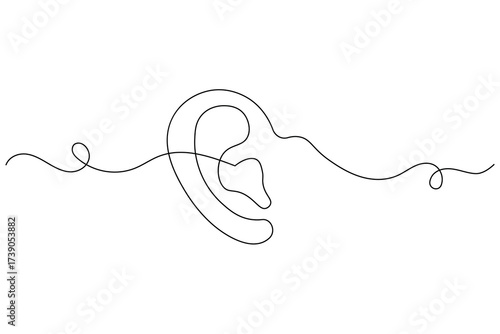 Human ear continuous one line drawing with sound waves, minimalist sketch representing hearing and listening concept