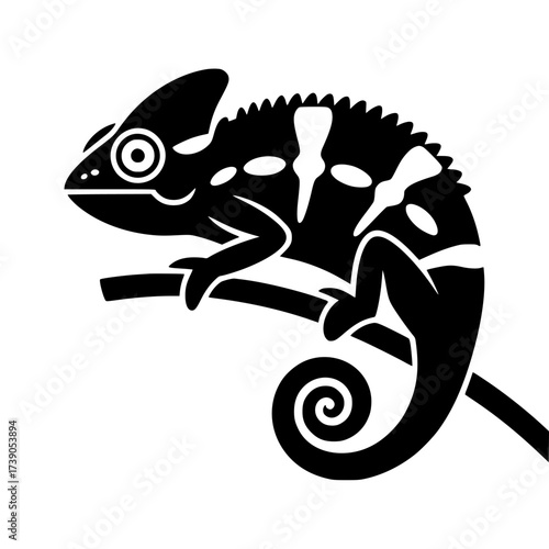 Vector art of black chameleon silhouette on a branch