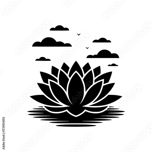 Vector art of black lotus flower silhouette on water with clouds