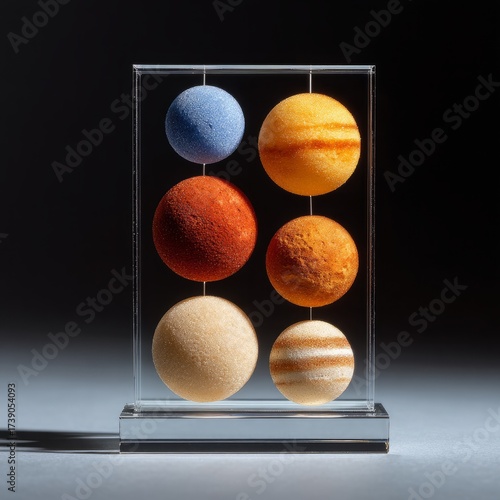 Model of planets in a solar system display case.