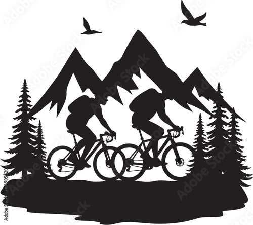 Two cyclists riding bicycles in front of mountains and trees