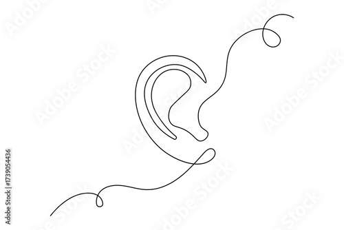 Human ear continuous one line drawing with sound waves, minimalist sketch representing hearing and listening concept