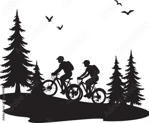 Two cyclists riding bicycles on a hill with pine trees and birds