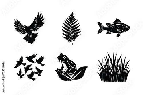 Minimalist Nature & Wildlife Icons | Bamboo, Bird, Cactus, Dolphin, Dragonfly
