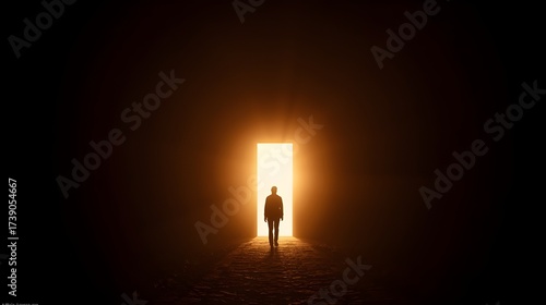 Silhouette Man Walking Towards Bright Light in Dark Tunnel Concept of Hope and Future