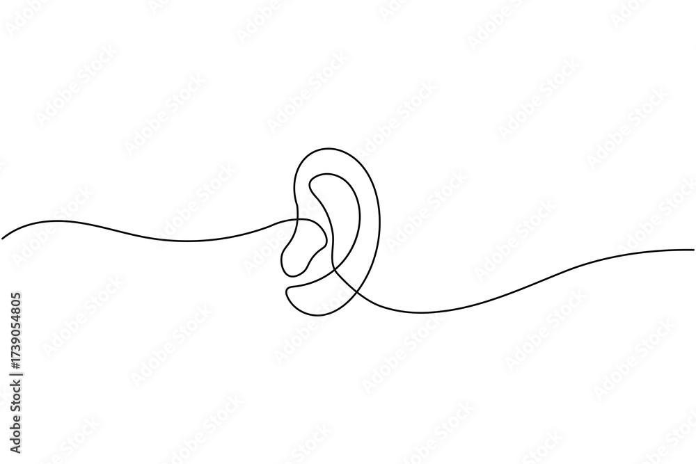 Obraz premium Human ear continuous one line drawing with sound waves, minimalist sketch representing hearing and listening concept