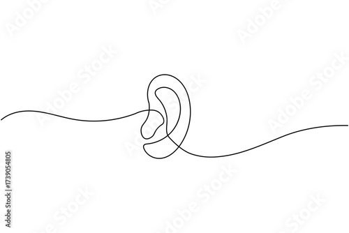 Human ear continuous one line drawing with sound waves, minimalist sketch representing hearing and listening concept
