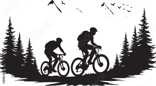 Two cyclists riding bicycles through a forest landscape