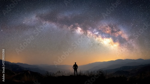 Silhouette of person gazing at the expansive milky way galaxy at twilight