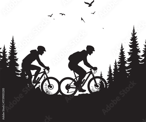 Two cyclists riding bicycles through a forest silhouette