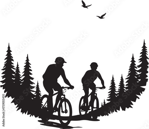 Two cyclists riding bicycles through a forest silhouette