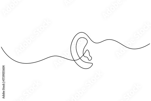Human ear continuous one line drawing with sound waves, minimalist sketch representing hearing and listening concept