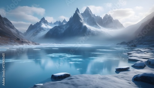 Wallpaper Mural Turquoise glacial lake surrounded by snowy peaks Torontodigital.ca