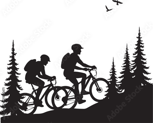 Two cyclists riding bicycles through a pine forest