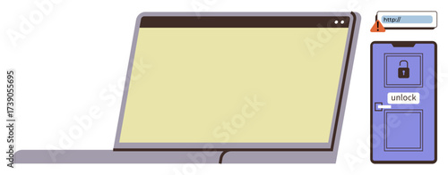 Laptop with blank screen, browser alert icon, and locked door emphasizing cybersecurity. Ideal for technology, online safety, data protection, secure access, digital privacy, internet threats simple