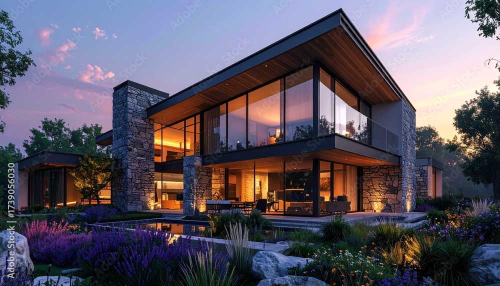 Obraz premium Modern luxury home with large windows, stone accents, and a beautiful garden at dusk.