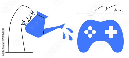Hand uses watering can to sprinkle water on game controller, suggesting growth, innovation, development, and support. Ideal for gaming, creativity, development, nurturing teamwork inspiration